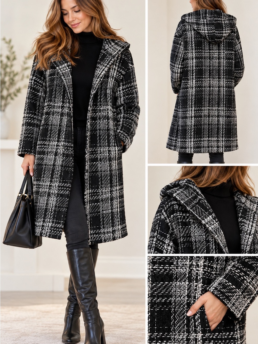 Joie Black & White Plaid Hooded Long Coat Jacket Size M